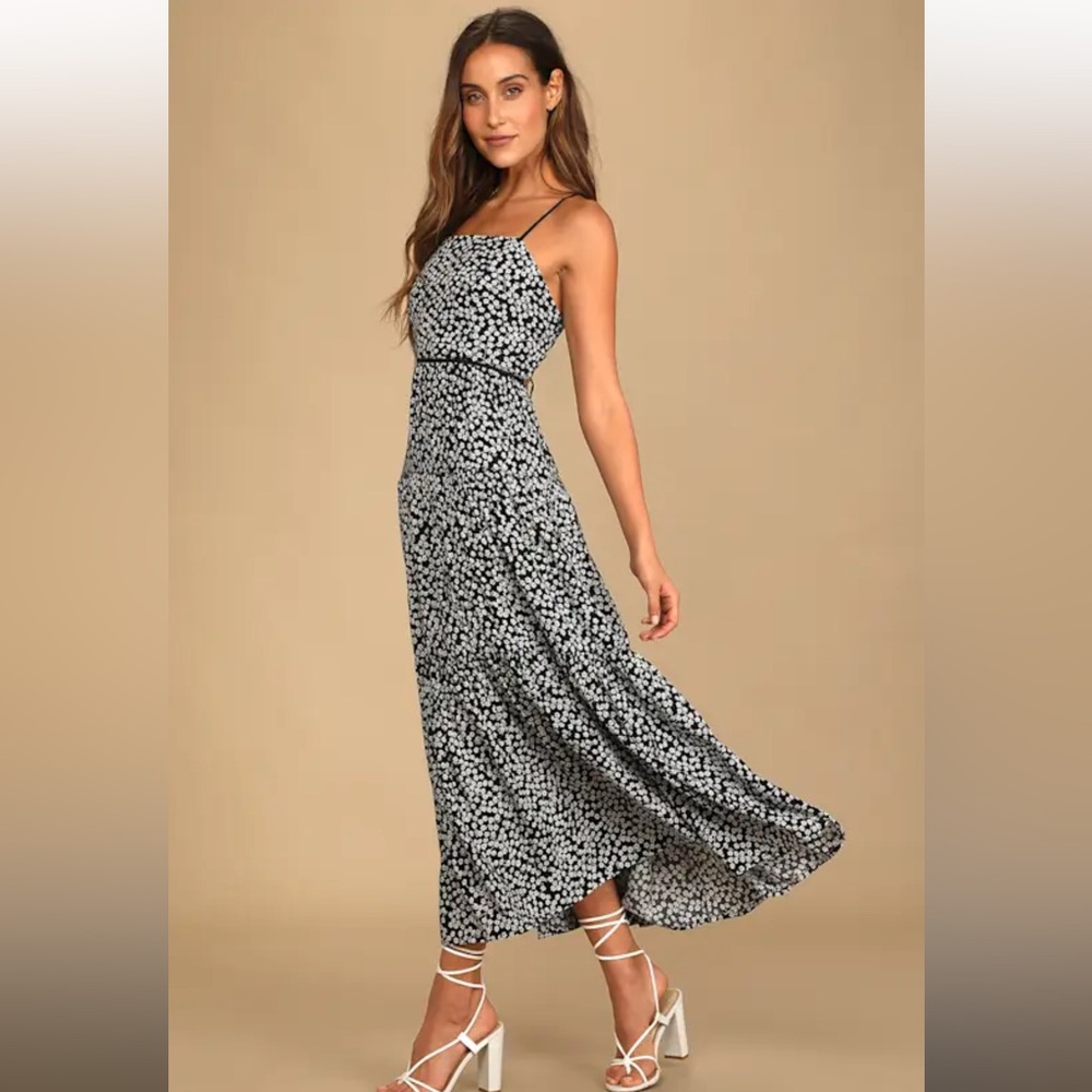 Lulus Black and White Floral Maxi Dress with Crisscross Straps NWT